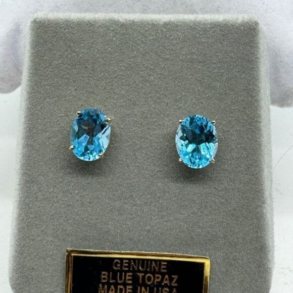 14K Yellow Gold Blue Topaz Earrings Oval Studs Beautiful Classic New - Picture 6 of 7